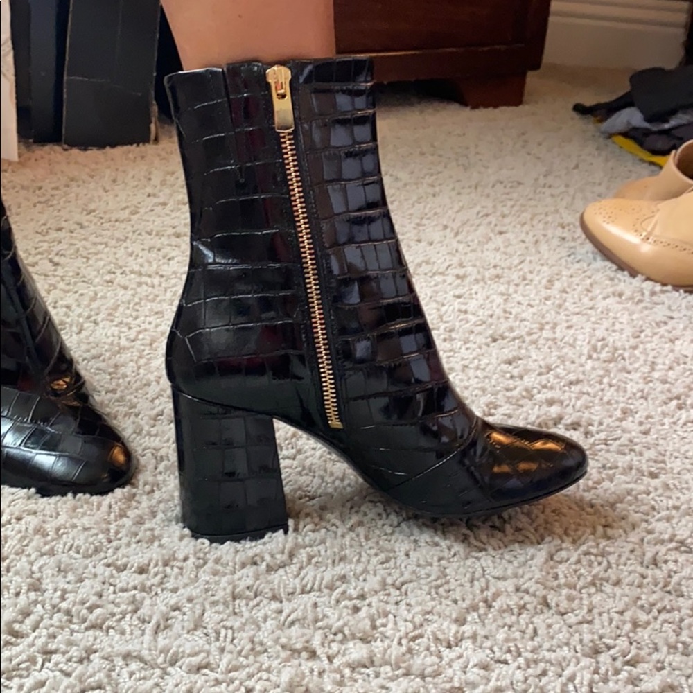 & Other Stories Black Croc-Embossed Block Heel Ankle Boots with Gold Zip